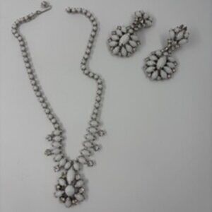 Vintage White Milk Glass Costume Jewelry Set with Rhinestones